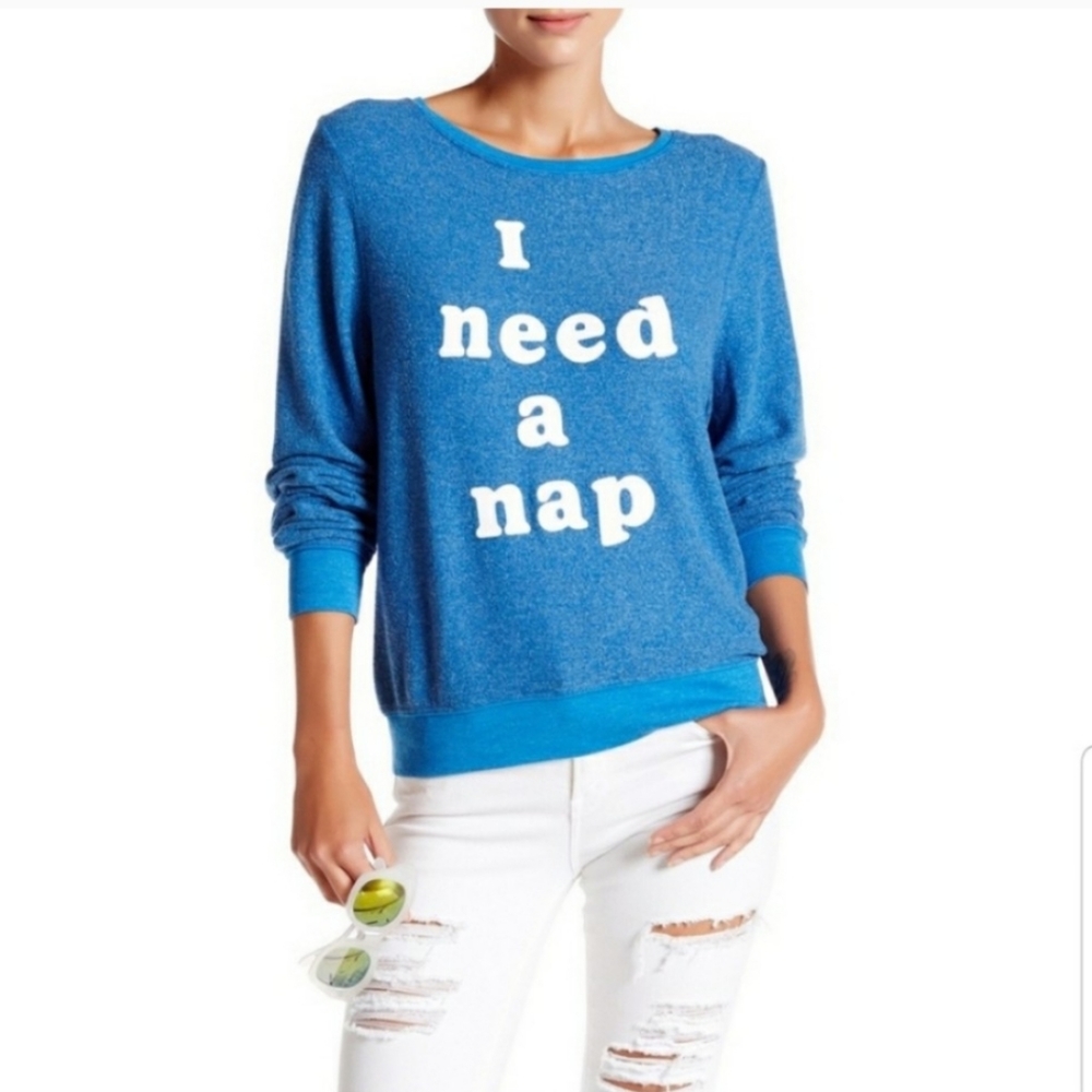 Wildfox I Need a Nap Spellout Graphic Pullover Blue Sweater Size XSmall